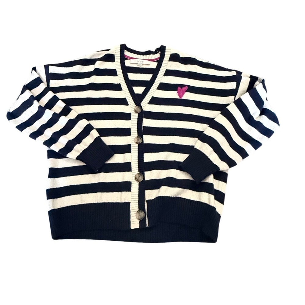 LOFT Striped Heart Embroidered Cardigan Sweater Navy Cream Size M Valetine's Day